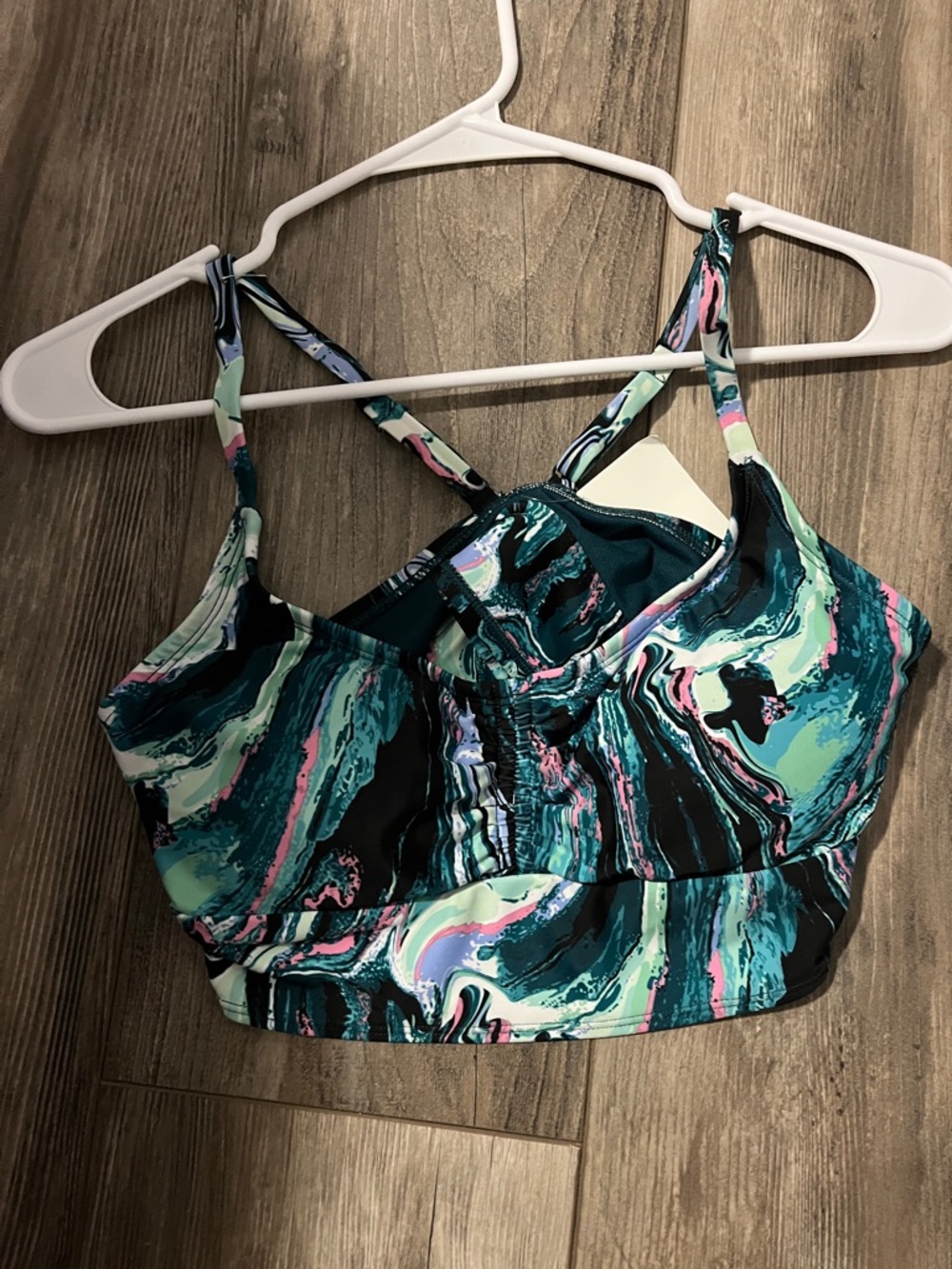 Teal Marble Print Swim Top with Pink & Black Accents